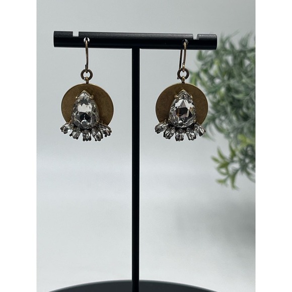 J. Crew Gold Tone Disc Teardrop Marquis Rhinestone Dangle Earrings - Picture 3 of 10